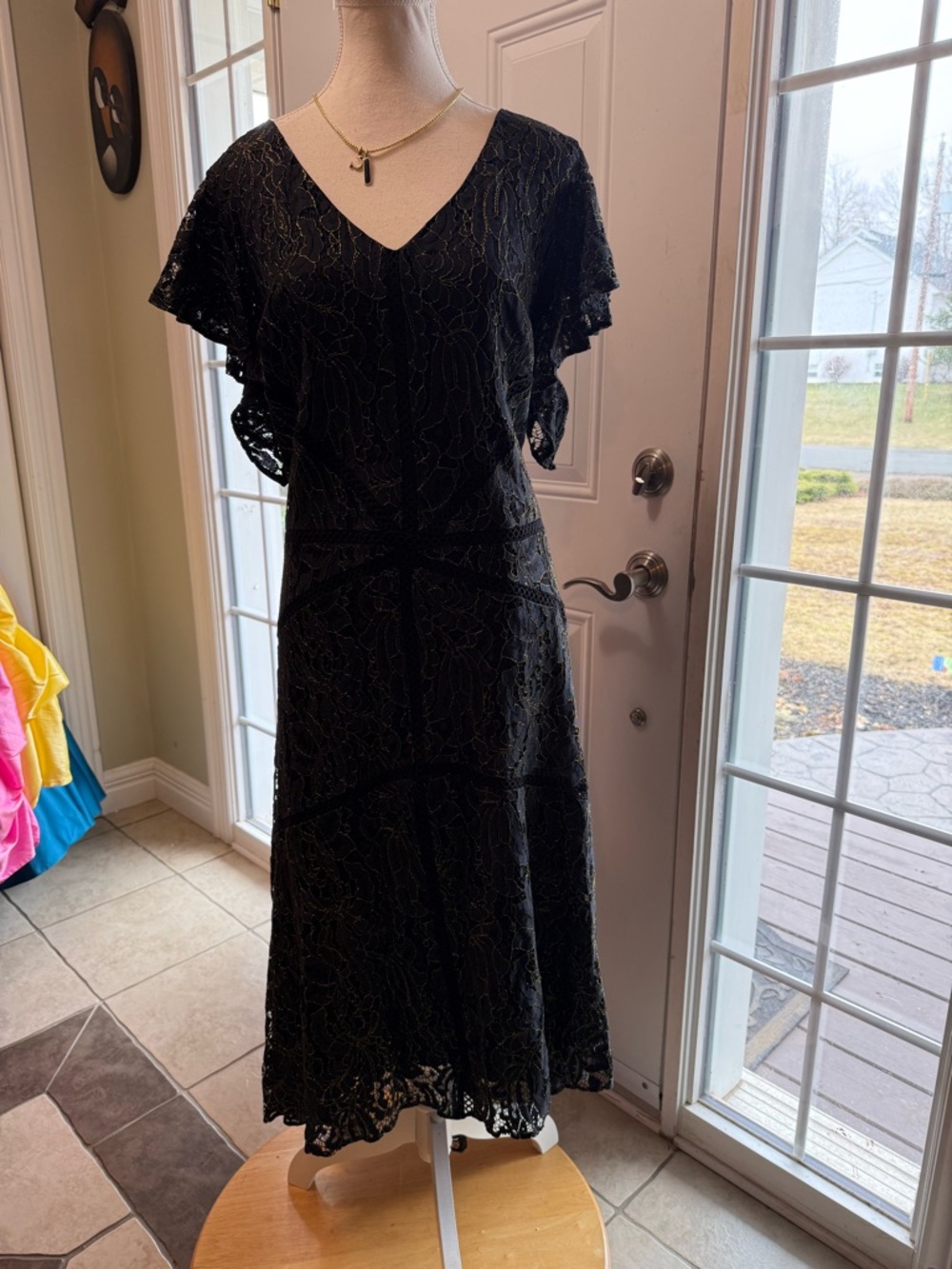 Taylor Black and Gold Lace V-Neck Midi Dress with Flutter Sleeves